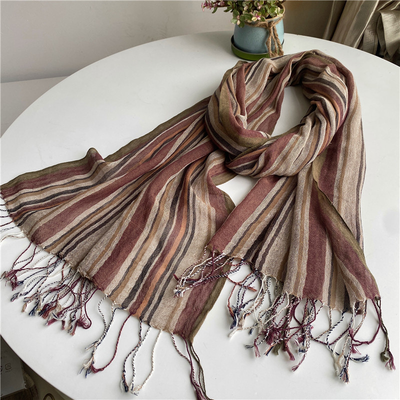 棉麻条纹围巾女h日系文艺复古空调房披肩潮流装饰百搭遮阳围脖丝