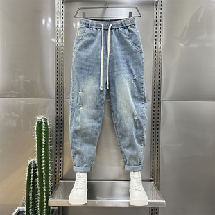 破洞抽绳老爹裤 水洗磨白夏季 休闲九分裤 男复古薄款 宽松直筒牛仔裤
