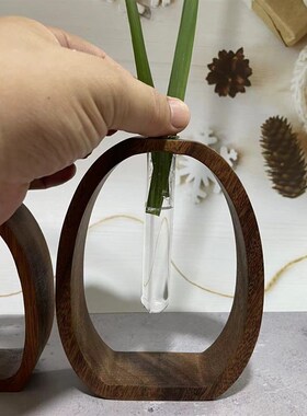 创意玻璃管水培花器胡桃木整板简约桌面小花P瓶茶桌实木禅意花插
