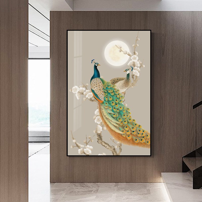 走廊装饰画开屏孔雀玄关壁画高端入门竖版寓意好轻奢晶瓷镶钻挂画