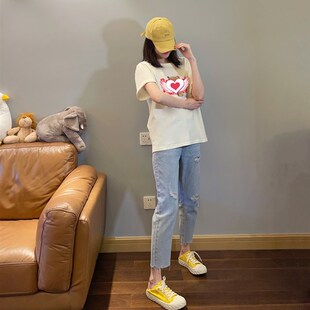 大码破洞牛仔裤女夏季新款高腰A显瘦薄款小脚裤弹力直筒八分烟管