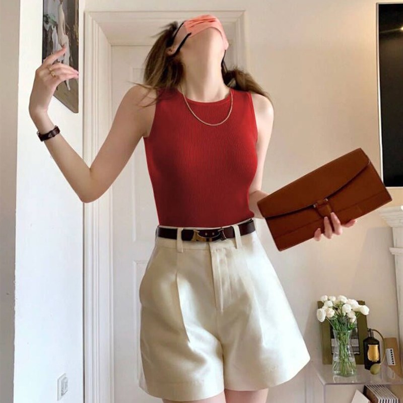 红色针织吊带背心女时尚百搭修身显瘦无袖上衣打底衫搭配西装内搭