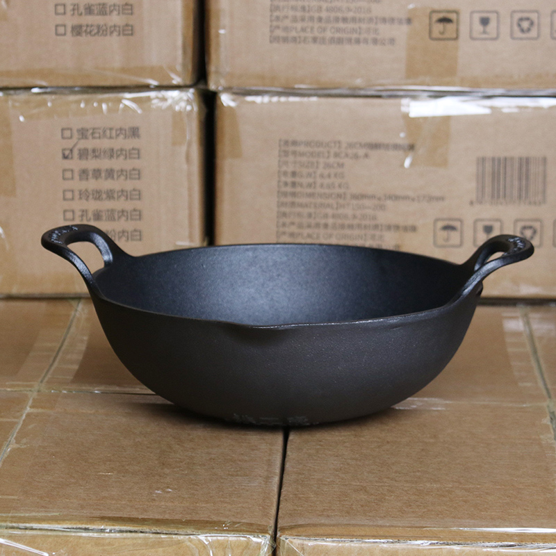 库存尾货铁锅小炒锅家用双耳圆底铸铁锅无涂层一体成型24/26/28cm