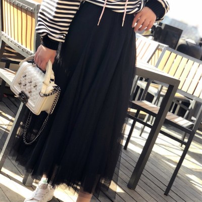 2021秋冬纱裙女半身裙长款到脚踝百褶网纱长裙白色裙子冬天配毛衣