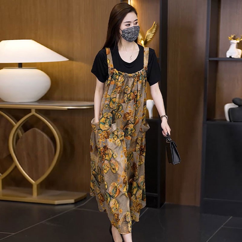 大码女装2025夏季新款胖mm时尚洋气减龄碎花背带连衣裙T恤两件套