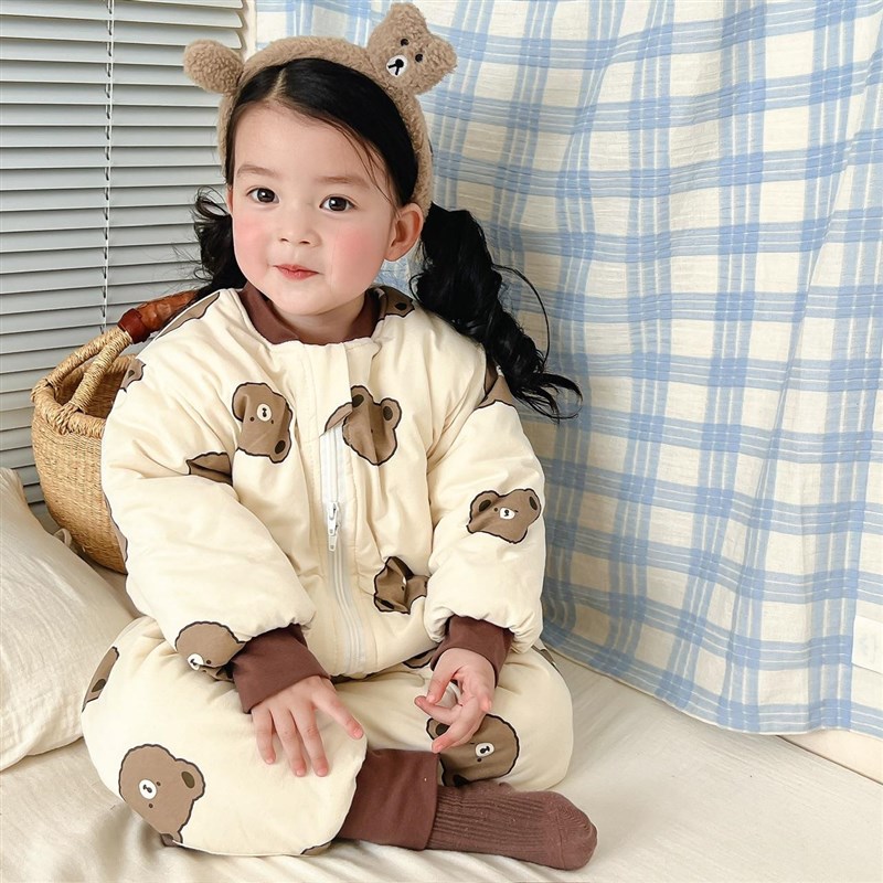 宝宝睡袋冬季男童女童卡通纯棉连体睡衣婴幼儿夹棉加厚防踢被神器