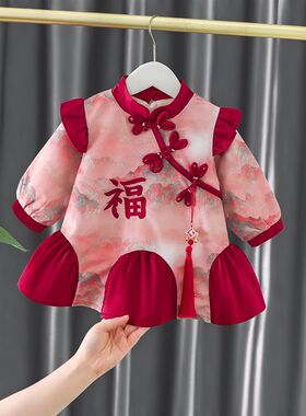 婴儿公主裙秋冬款洋气女童加绒C旗袍裙子宝宝红色连衣裙拜年服