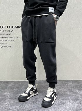 日系复古水c洗秋冬加绒束脚休闲运动厚棉裤男2023宽松型小脚时尚