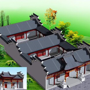 祠堂设计 祖堂宗祠仿古建筑门y楼马头墙古建筑斗拱彩绘公祠效果图