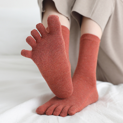 五指袜女中筒袜春秋纯色可爱分趾袜五趾长袜子透气吸汗脚趾袜