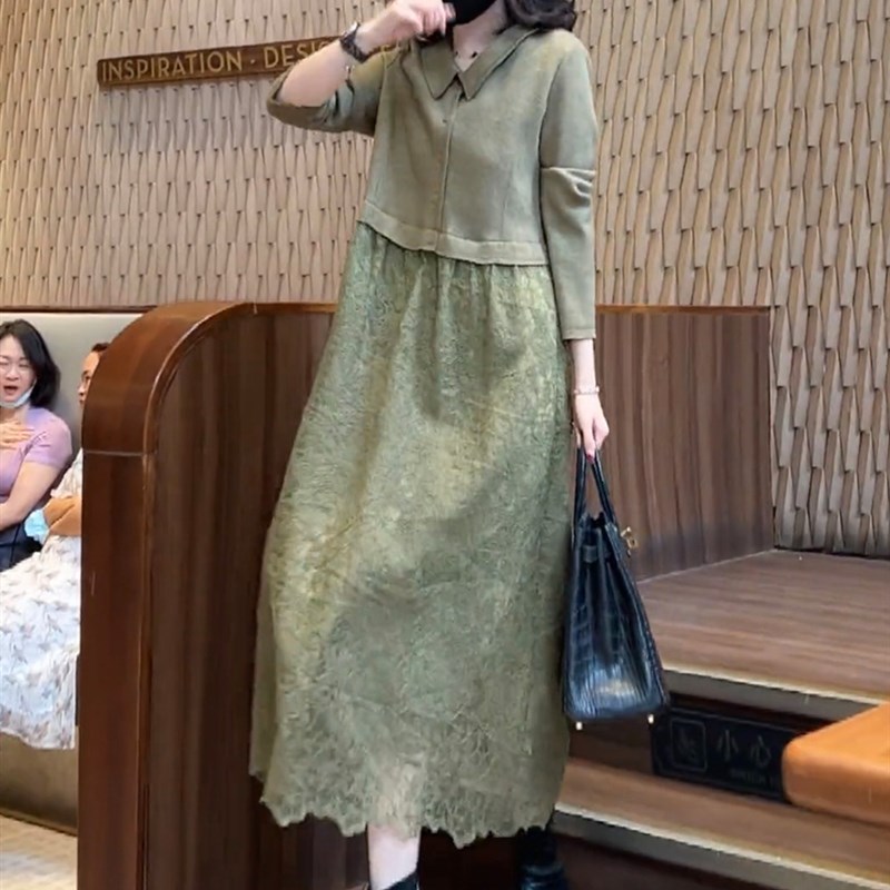 唐朱迪法式针织蕾丝假两件拼接长袖洋装秋冬新款收腰显瘦气质长