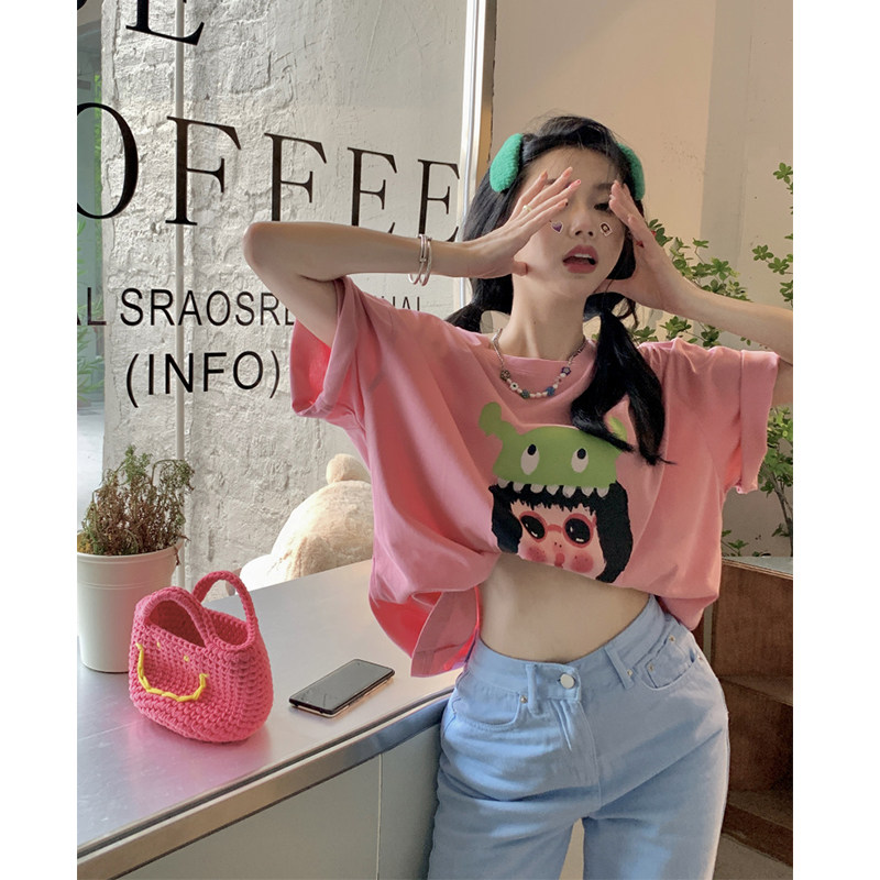 潮牌粉色可爱卡通印花短袖T恤女夏季宽松显瘦时尚减龄中长款上衣