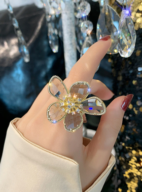 水晶花朵欧美夸张复古戒q指女ins潮网红潮人食指戒关节指环高级感