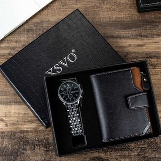 速发Quartz Wrist Watch Leather Wallet Gift Set for Boyfriend