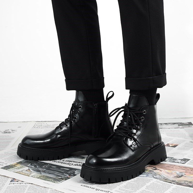 马丁靴男款英伦风中帮皮鞋厚底增高男生皮靴子侧拉链高帮透气男靴
