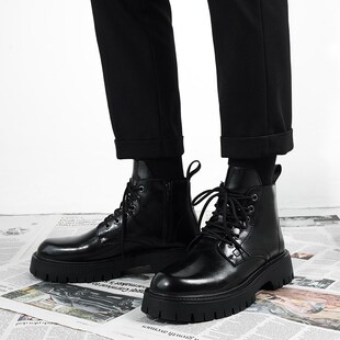 马丁靴男款英伦风中帮皮鞋厚底增高男生皮靴子侧拉链高帮透气男靴