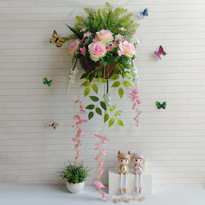 仿真挂壁花艺假花假草悬挂墙壁植物壁挂墙饰挂件玫瑰花壁挂手工花