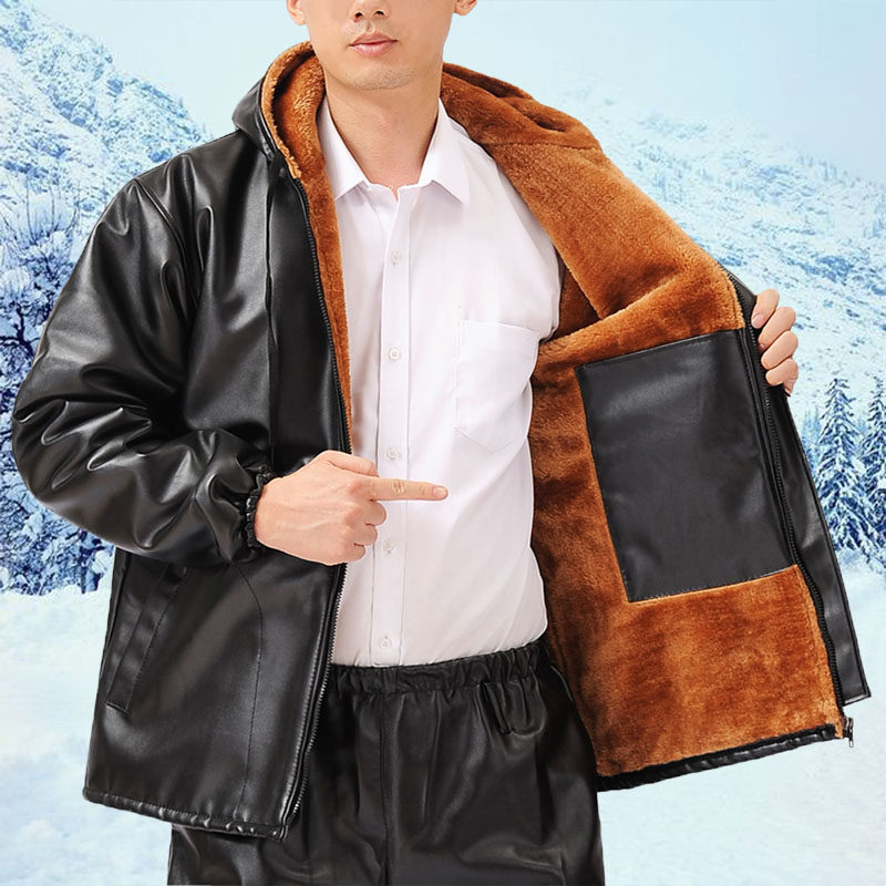 加绒加厚连帽皮衣冬季男士宽松保暖皮裤工作服套装大尺码皮棉衣棉,男装,皮衣,淘宝优惠券,粉丝福利购,淘宝优惠卷