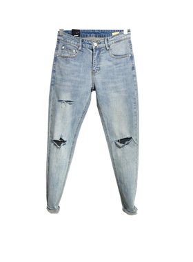 复古蓝色膝盖刀割破洞小脚牛仔裤男士韩版修身弹力裤脚切边九分裤