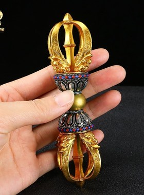 藏式五股金刚杵 铜镀金藏传降魔杵 尼泊尔供具家用莲花底座摆件