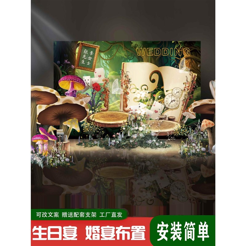 爱丽丝梦游仙境女孩生日背景墙KT板定制百日宴周岁宴气球装饰布置