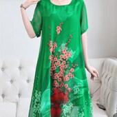 妈妈夏装 遮肉显瘦长裙子夏 春装 雪纺印花连衣裙洋气大码 中老年女装