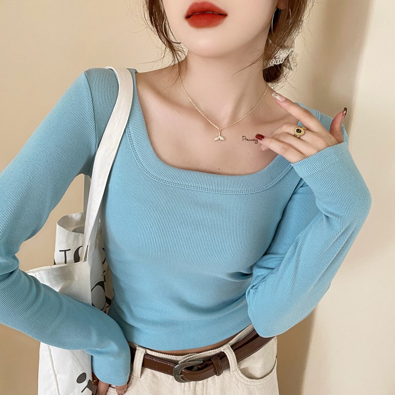 热销蓝色打底衫女春秋新款纯欲方领长袖t恤修身内搭白色上衣纯色