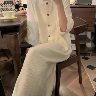 简约棉麻长袖睡裙女春秋款纱布薄款透气素雅甜美宽松连衣裙家居服