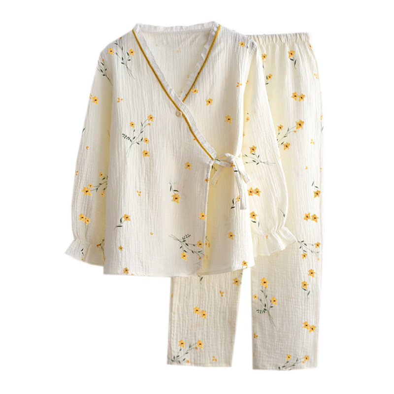 日式和服睡衣女水洗纱布春秋夏季长袖纽扣蕾丝花边汗蒸家居服