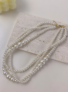 法式复古多层珍珠锁骨项链女高z级感时尚款气质毛衣链叠戴缠绕颈
