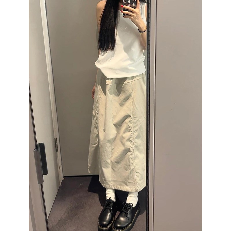 热销杏色开叉伞兵半身工装裙女秋季新款高腰遮胯显瘦a字包臀中长