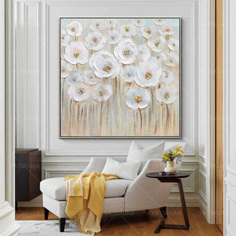 纯手绘花卉油画轻奢现代金箔饭厅玄关柜过道挂画客厅背景墙装饰画图片