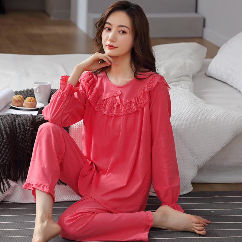 女士睡衣春秋季长袖套头薄款大码宽松圆领中年妈妈家居服套装