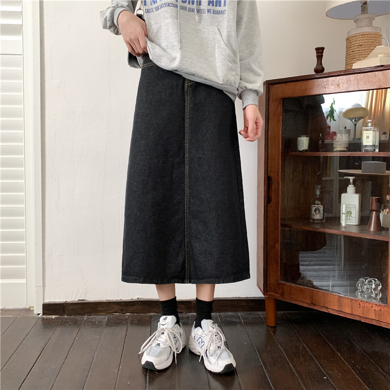 热销春秋韩版大码胖mm高腰牛仔半身裙女开叉中长款百搭显瘦A字裙i