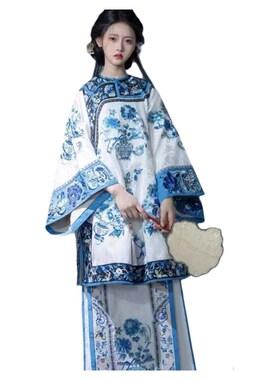 两件套一揽富贵中国风晚清青花瓷印花清汉女装商晋少奶奶服马面裙