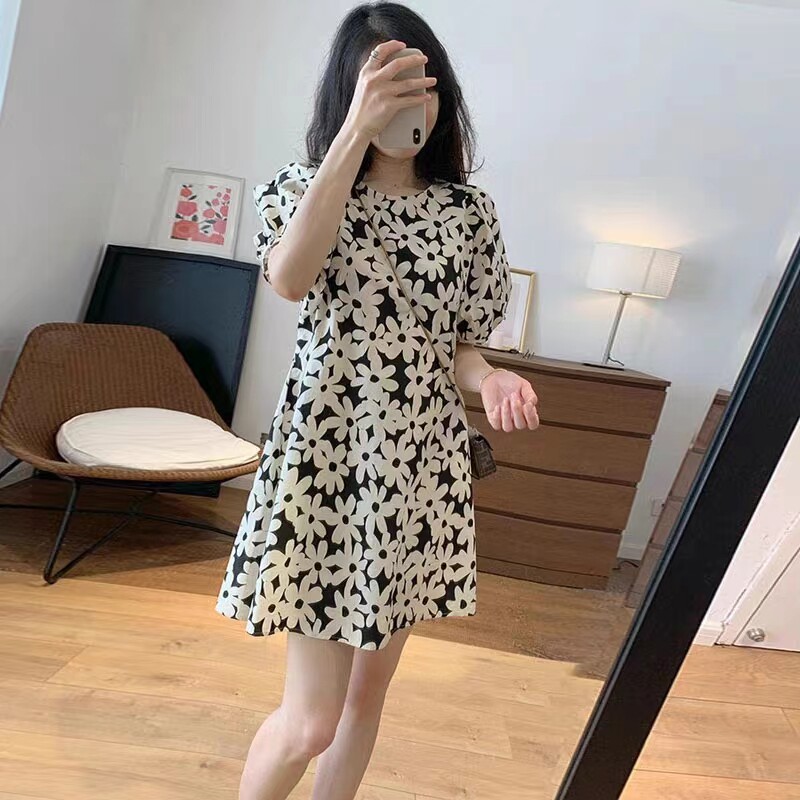 哺乳期连衣裙夏季雪纺时尚碎花泡泡袖小个子O外出辣妈款喂奶裙子
