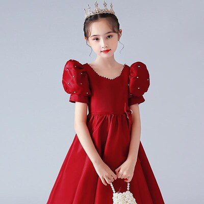 黑木马高定 儿童礼服女童红色公主裙钢琴演奏表演小女孩主持人