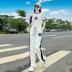 欧洲站时尚休闲运动套装女夏2023新款潮阔腿裤白色短袖长裤两件套