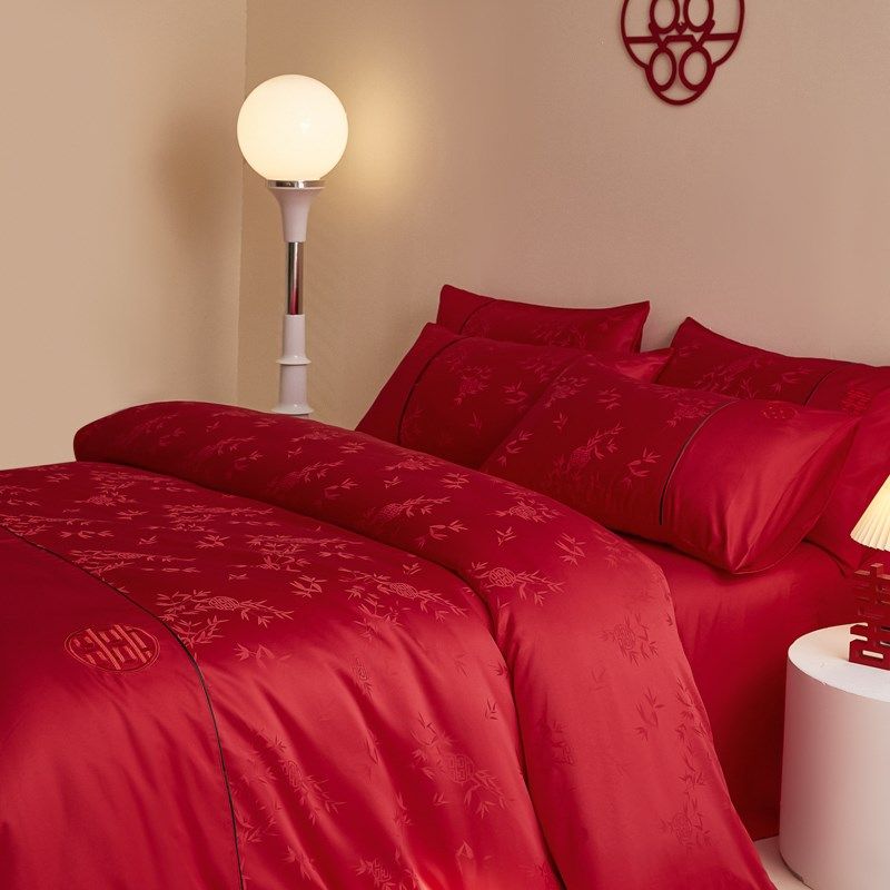 高档提花结婚床上四件套婚庆大红色纯棉全棉被套新婚房礼喜被床单,床上用品,婚庆床品套件,淘宝优惠券,粉丝福利购,淘宝优惠卷