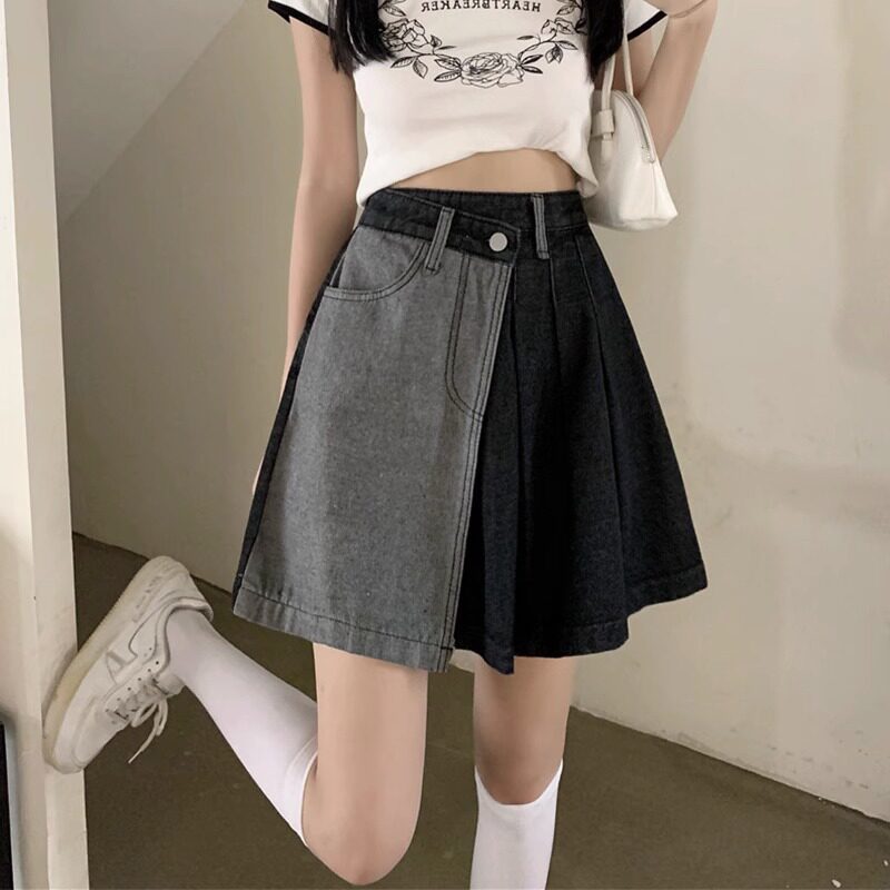 牛仔半身裙女夏薄款2024新款高腰a字大码设计感不规则撞色短裙子