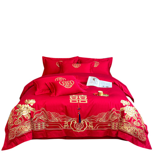 婚庆四件组全棉大红色高档刺绣新结婚六件套房嫁礼床笠床单床上用