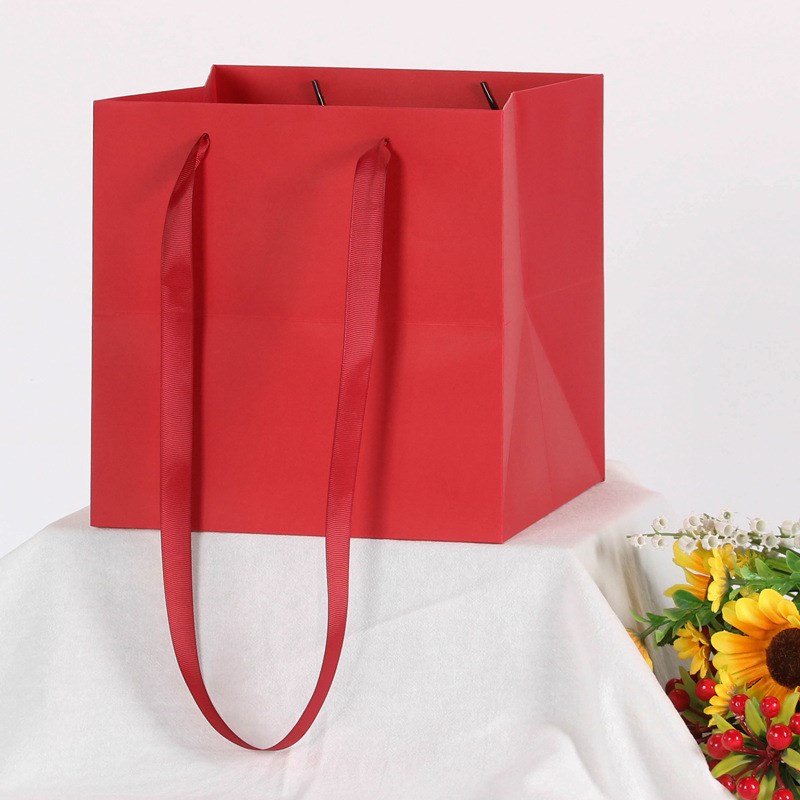 加长提绳宽底花束礼品袋鲜花店手提纸G袋加厚盆栽蛋糕方形纸袋现