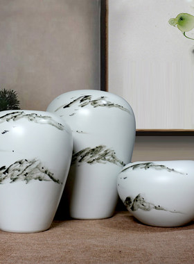 书画缸卷轴缸字画筒花插落地陶瓷大花瓶白色水墨插花装饰古典摆件