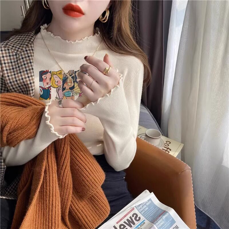 半高领针织d衫女秋冬修身显瘦毛衣内搭印花设计感木耳边打底衫上