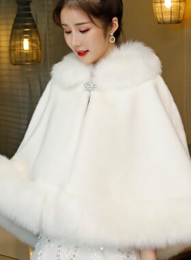 l冬天结a婚斗篷婚纱2023新款新娘冬季披肩遮手臂敬酒服旗袍毛