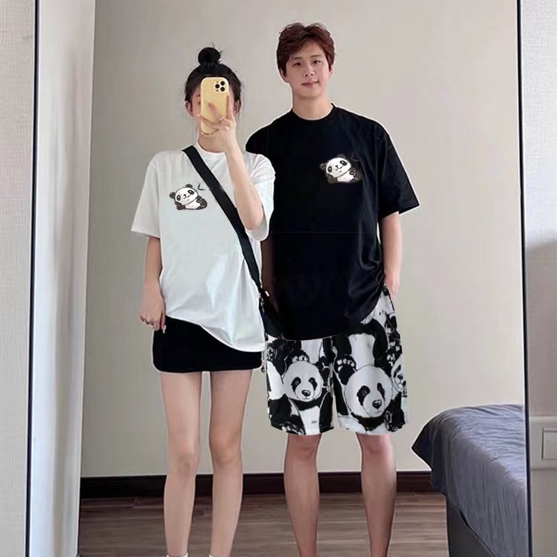 现货亲子a装夏2023熊猫短袖T恤一家三四口婴儿爬服拍照母女母子装