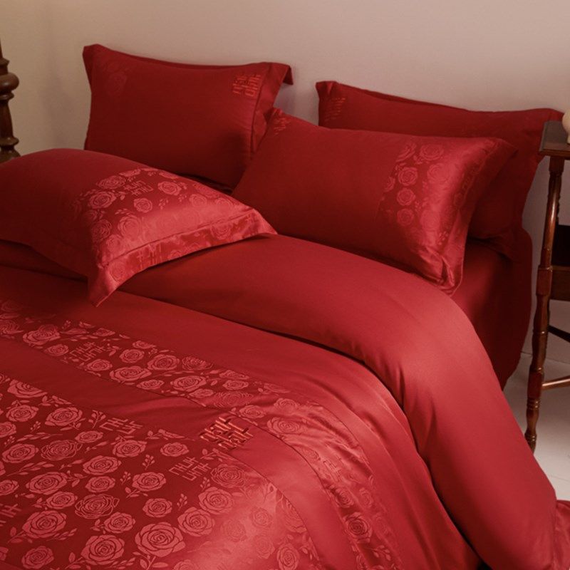 简约印花100支结婚四件套2024新款红色被套婚庆床单婚嫁床上用品4,床上用品,婚庆床品套件,淘宝优惠券,粉丝福利购,淘宝优惠卷