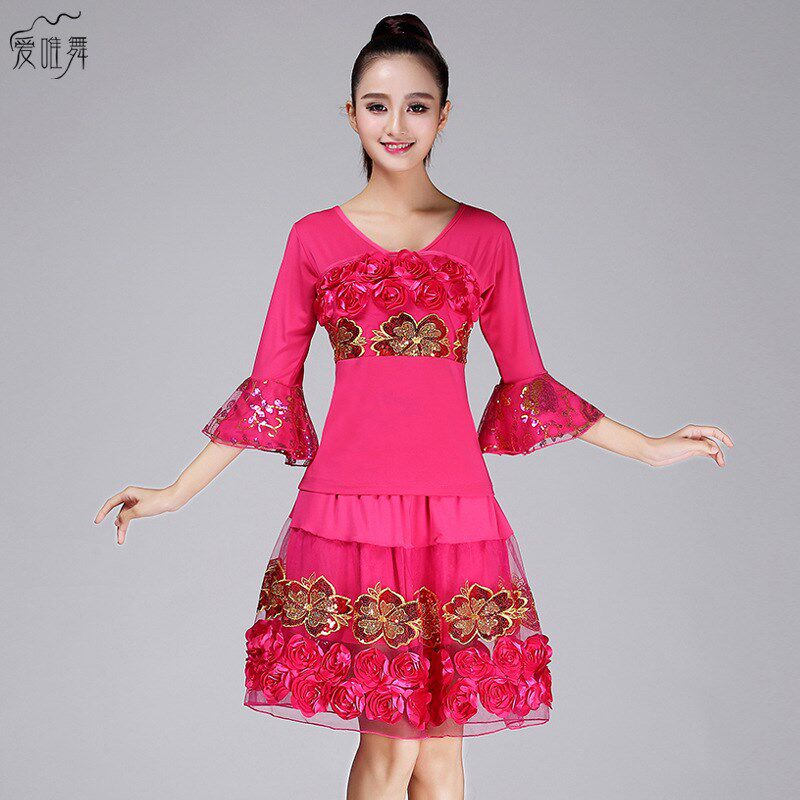 爱唯舞新款广场舞服装套装喇叭袖A玫瑰花女成人舞服舞蹈演出服110