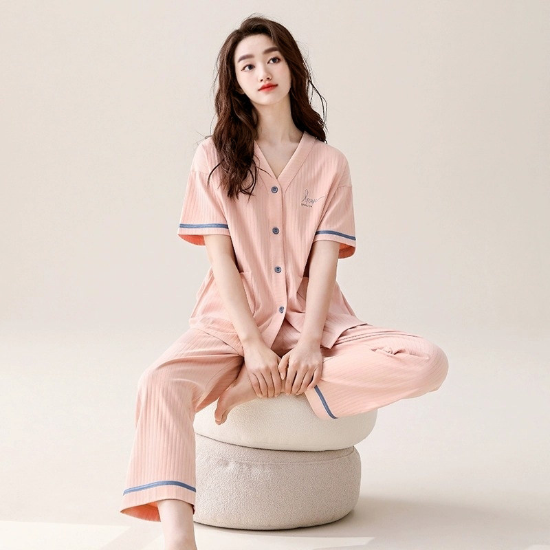 高级感2023新款睡衣女款夏季夏款纯棉短袖长裤人造棉绸家居服套装