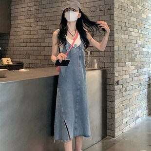 港味复古中长款高腰开叉牛仔背带裙女春夏2023年减龄气Z质连衣裙